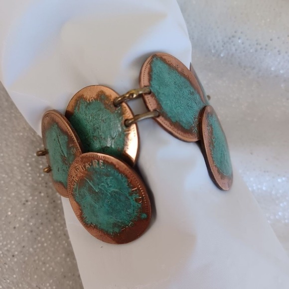 Bracelet Statement Oxidized Copper Turquoise Tone Coin Faux Bold 9" Boho Western - Picture 10 of 15